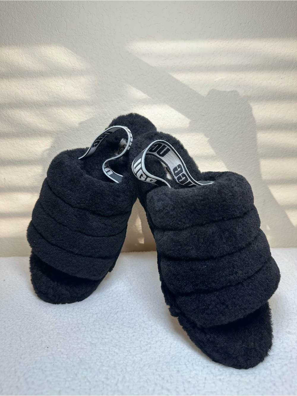 UGG Fluff Yeah Women’s US 10 Black Faux Fur Slide Slippers Open Toe Logo